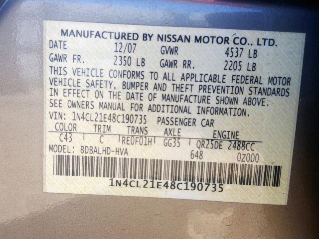 1N4CL21E48C190735 - 2008 NISSAN ALTIMA HYB GOLD photo 10