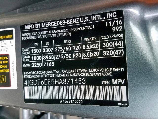 4JGDF6EE5HA871453 - 2017 MERCEDES-BENZ GLS 450 4M GRAY photo 10