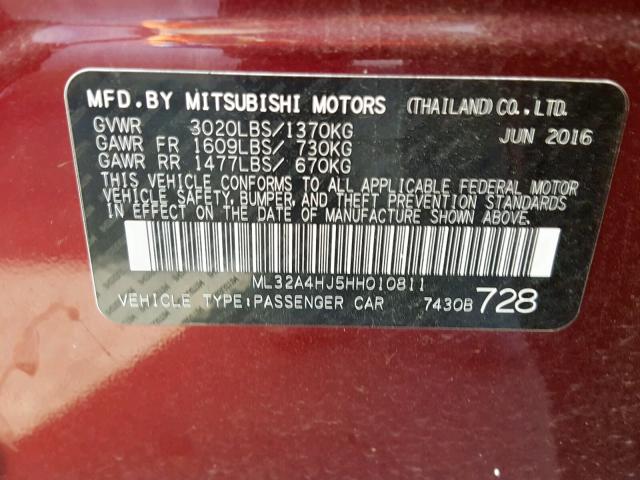 ML32A4HJ5HH010811 - 2017 MITSUBISHI MIRAGE SE PURPLE photo 10