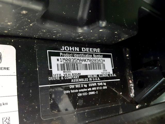 1M0835MAAKM020343 - 2019 JOHN DEERE GATOR 4X4 GREEN photo 10