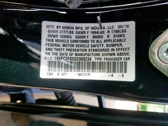 19XFC2F8XGE060234 - 2016 HONDA CIVIC EX 黑色 照片 10