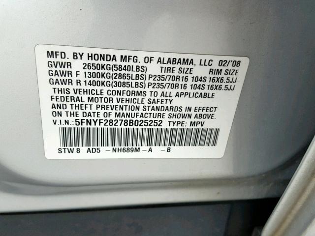 5FNYF28278B025252 - 2008 HONDA PILOT VP SILVER photo 10