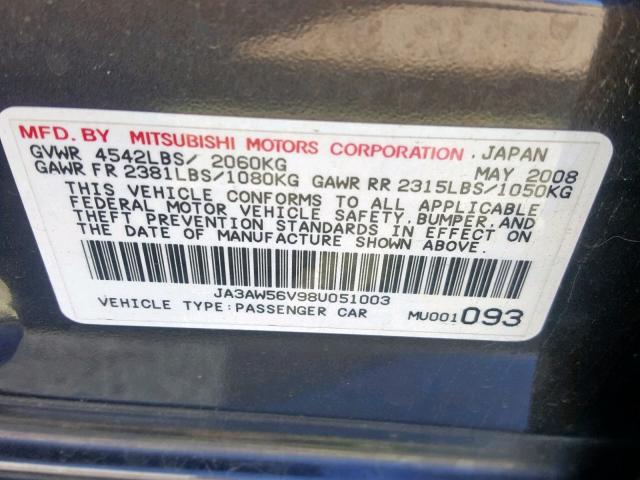 JA3AW56V98U051003 - 2008 MITSUBISHI LANCER EVO BLACK photo 10