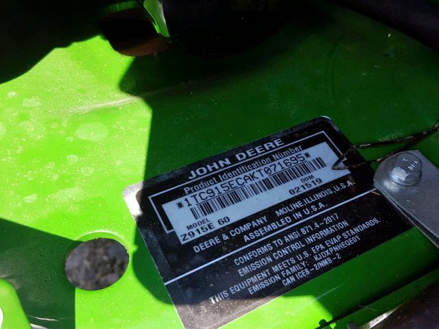 1TC915ECAKT071695 - 2019 JOHN DEERE RIDING LAW GREEN photo 10