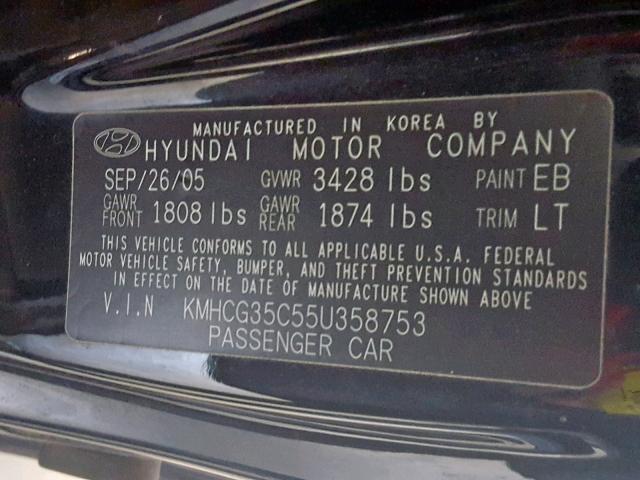 KMHCG35C55U358753 - 2005 HYUNDAI ACCENT GS BLACK photo 10