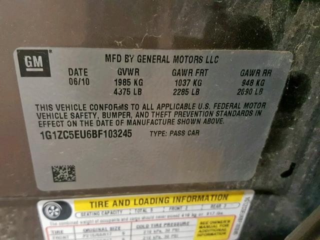 1G1ZC5EU6BF103245 - 2011 CHEVROLET MALIBU 1LT 米色 照片 10