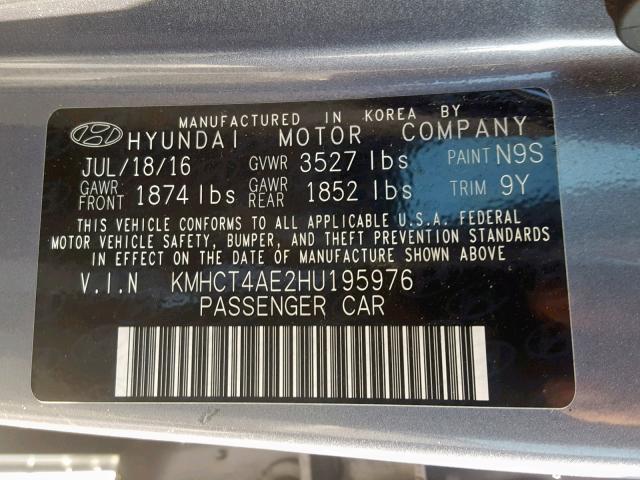 KMHCT4AE2HU195976 - 2017 HYUNDAI ACCENT SE GRAY photo 10