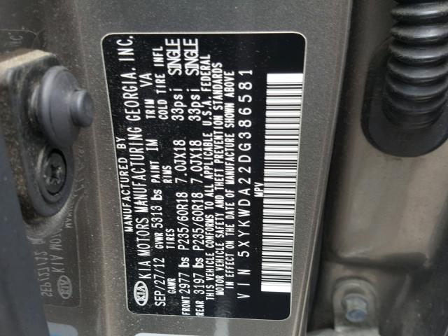 5XYKWDA22DG386581 - 2013 KIA SORENTO SX SILVER photo 10