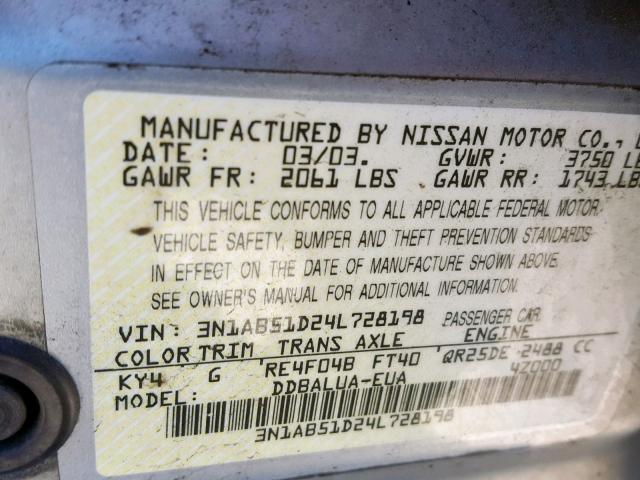 3N1AB51D24L728198 - 2004 NISSAN SENTRA SE- SILVER photo 10