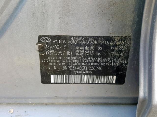 5NPE34AB3FH236240 - 2015 HYUNDAI SONATA SPO SILVER photo 10