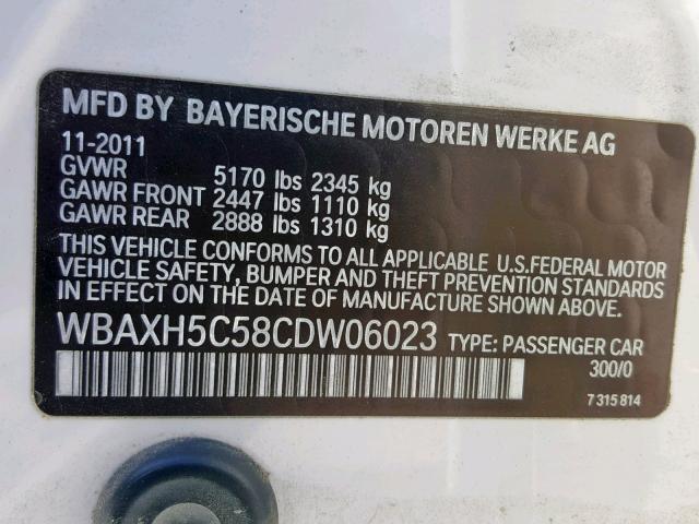 WBAXH5C58CDW06023 - 2012 BMW 528 XI WHITE photo 10