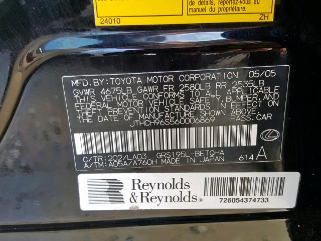 JTHCH96S560006869 - 2006 LEXUS GS 300 BLACK photo 10