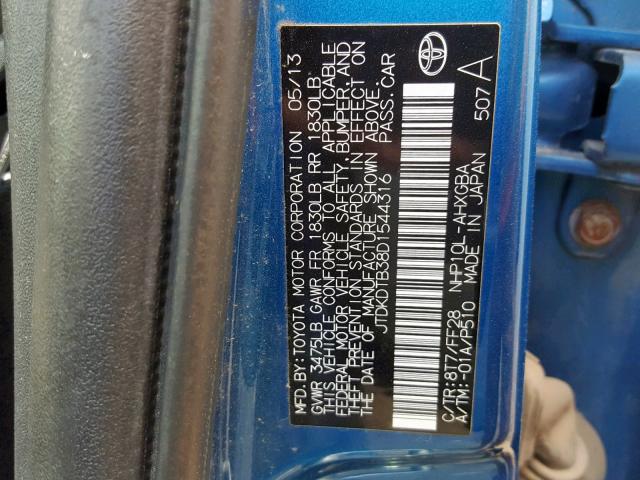 JTDKDTB38D1544316 - 2013 TOYOTA PRIUS C BLUE photo 10