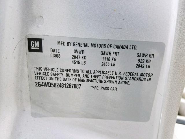 2G4WD582481267087 - 2008 BUICK LACROSSE C SILVER photo 10