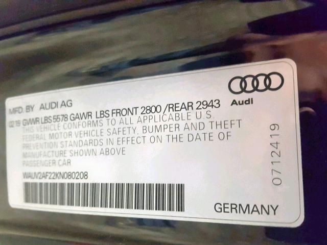 WAUV2AF22KN080208 - 2019 AUDI A7 PRESTIG BLACK photo 10