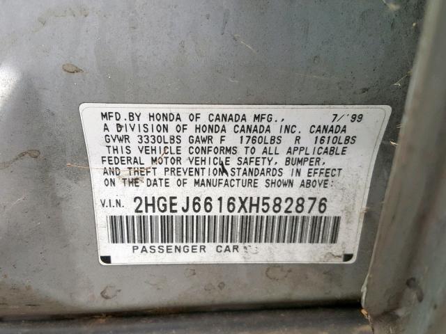 2HGEJ6616XH582876 - 1999 HONDA CIVIC BASE SILVER photo 10