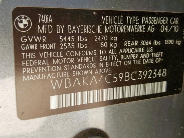WBAKA4C59BC392348 - 2011 BMW 740 I GRAY photo 10