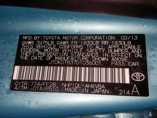 JTDKDTB37D1036001 - 2013 TOYOTA PRIUS C BLUE photo 10