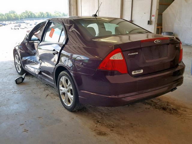 3FAHP0HA3CR350342 - 2012 FORD FUSION SE BURGUNDY photo 3