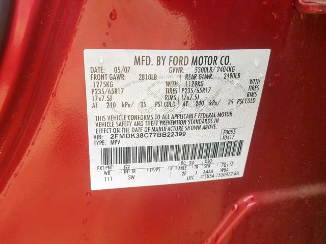 2FMDK38C77BB22399 - 2007 FORD EDGE SEL RED photo 10