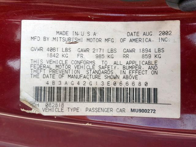 4B3AG42G13E066680 - 2003 DODGE STRATUS SE BURGUNDY photo 10