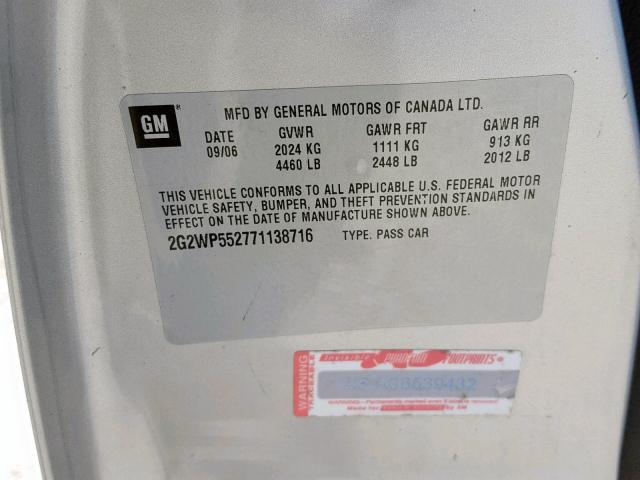 2G2WP552771138716 - 2007 PONTIAC GRAND PRIX SILVER photo 10