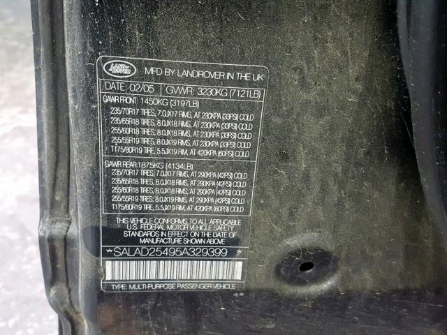 SALAD25495A329399 - 2005 LAND ROVER LR3 SE BLACK photo 10