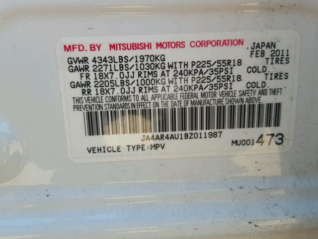 JA4AR4AU1BZ011987 - 2011 MITSUBISHI OUTLANDER WHITE photo 10