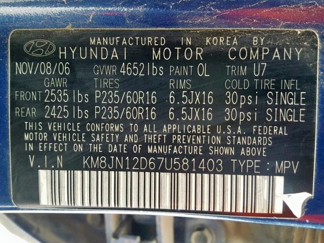 KM8JN12D67U581403 - 2007 HYUNDAI TUCSON SE BLUE photo 10