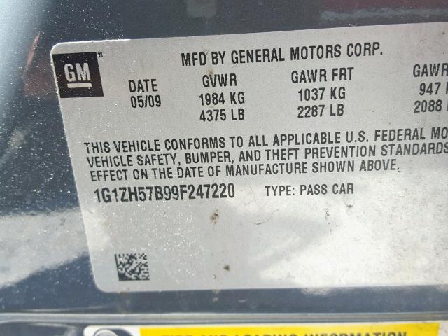 1G1ZH57B99F247220 - 2009 CHEVROLET MALIBU 1LT GRAY photo 10