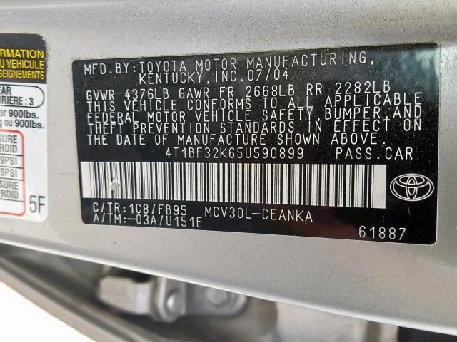 4T1BF32K65U590899 - 2005 TOYOTA CAMRY LE SILVER photo 10