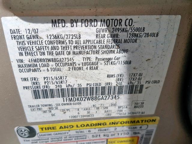 1FMDK02W88GA27345 - 2008 FORD TAURUS X S TAN photo 10