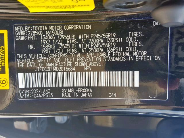 JTEDC3EH4D2016684 - 2013 TOYOTA HIGHLANDER BLACK photo 10