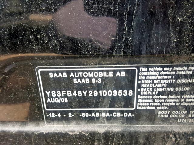 YS3FB46Y291003538 - 2009 SAAB 9-3 2.0T BLACK photo 10