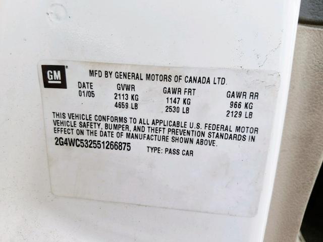 2G4WC532551266875 - 2005 BUICK LACROSSE C WHITE photo 10