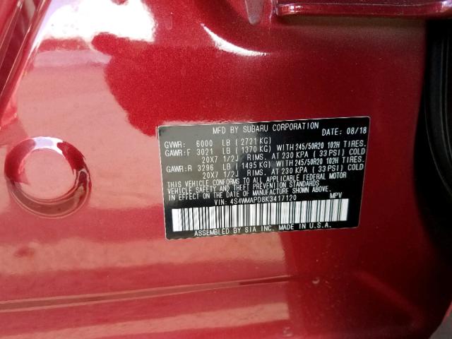 4S4WMAPD8K3417120 - 2019 SUBARU ASCENT LIM RED photo 10