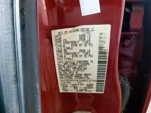 5N1MD28Y24C605374 - 2004 NISSAN XTERRA SE MAROON photo 10