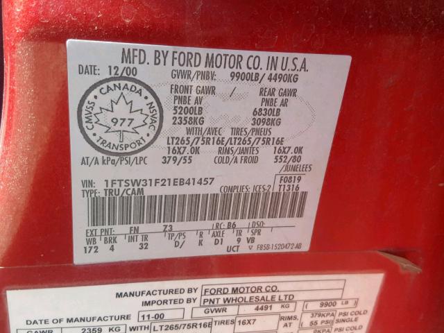 1FTSW31F21EB41457 - 2001 FORD F350 SRW S RED photo 10