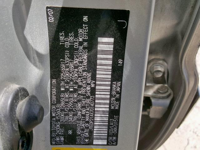 JTEDP21AX70140773 - 2007 TOYOTA HIGHLANDER SILVER photo 10