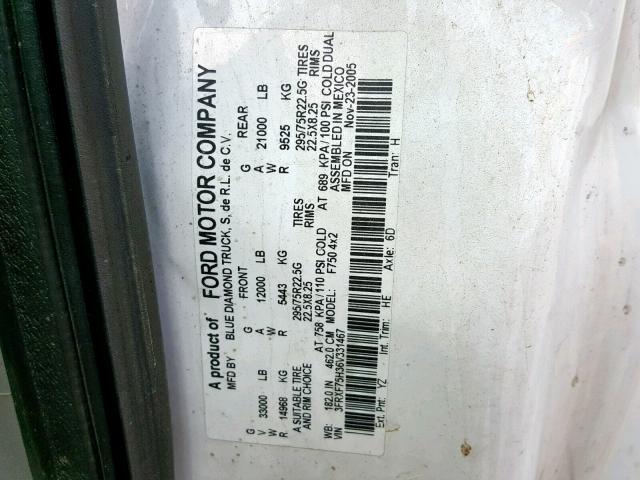 3FRXF75H36V331467 - 2006 FORD F750 SUPER WHITE photo 10