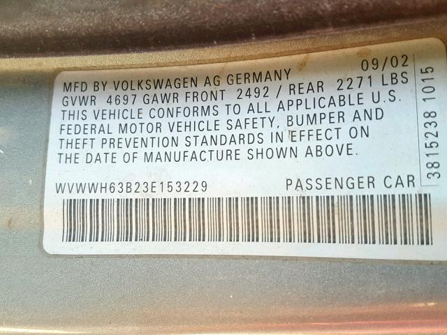 WVWWH63B23E153229 - 2003 VOLKSWAGEN PASSAT GLX GRAY photo 10