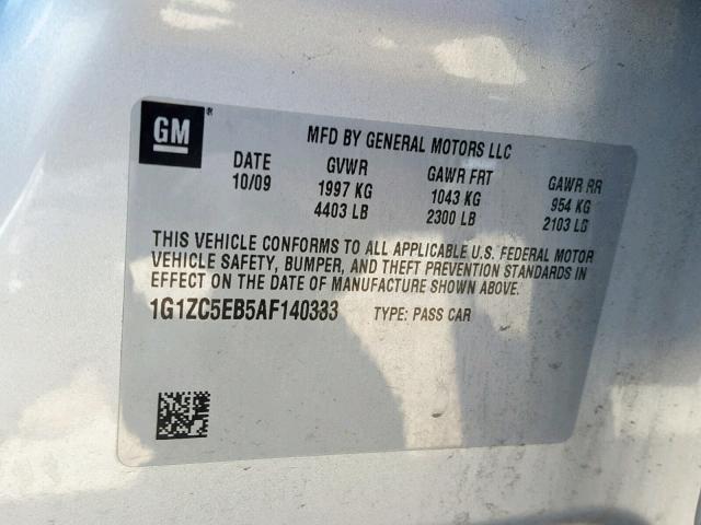 1G1ZC5EB5AF140333 - 2010 CHEVROLET MALIBU 1LT SILVER photo 10