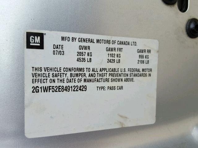 2G1WF52E849122429 - 2004 CHEVROLET IMPALA SILVER photo 10