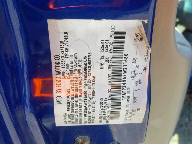 1FAFP34N65W211680 - 2005 FORD FOCUS ZX4 BLUE photo 10