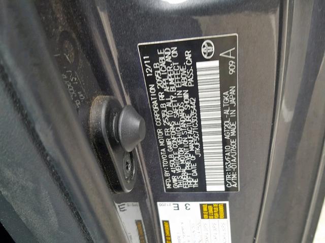 JTKJF5C71C3035442 - 2012 TOYOTA SCION TC ნაცრისფერი ფოტო 10