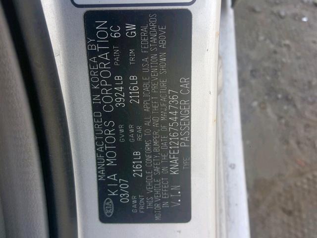 KNAFE121675447367 - 2007 KIA SPECTRA EX SILVER photo 10