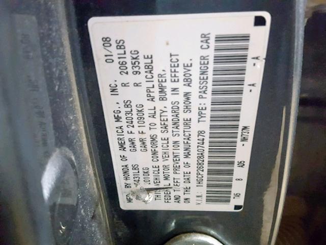 1HGCP26828A074478 - 2008 HONDA ACCORD EXL GRAY photo 10