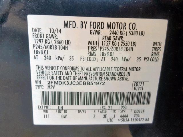 2FMDK3JC3EBB51972 - 2014 FORD EDGE SEL BLACK photo 10