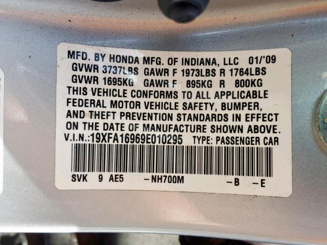 19XFA16969E010295 - 2009 HONDA CIVIC EXL 银色 照片 10