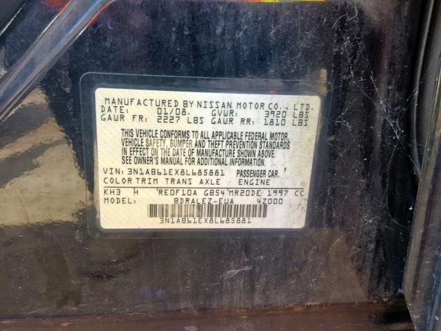 3N1AB61EX8L685881 - 2008 NISSAN SENTRA 2.0 BLACK photo 10